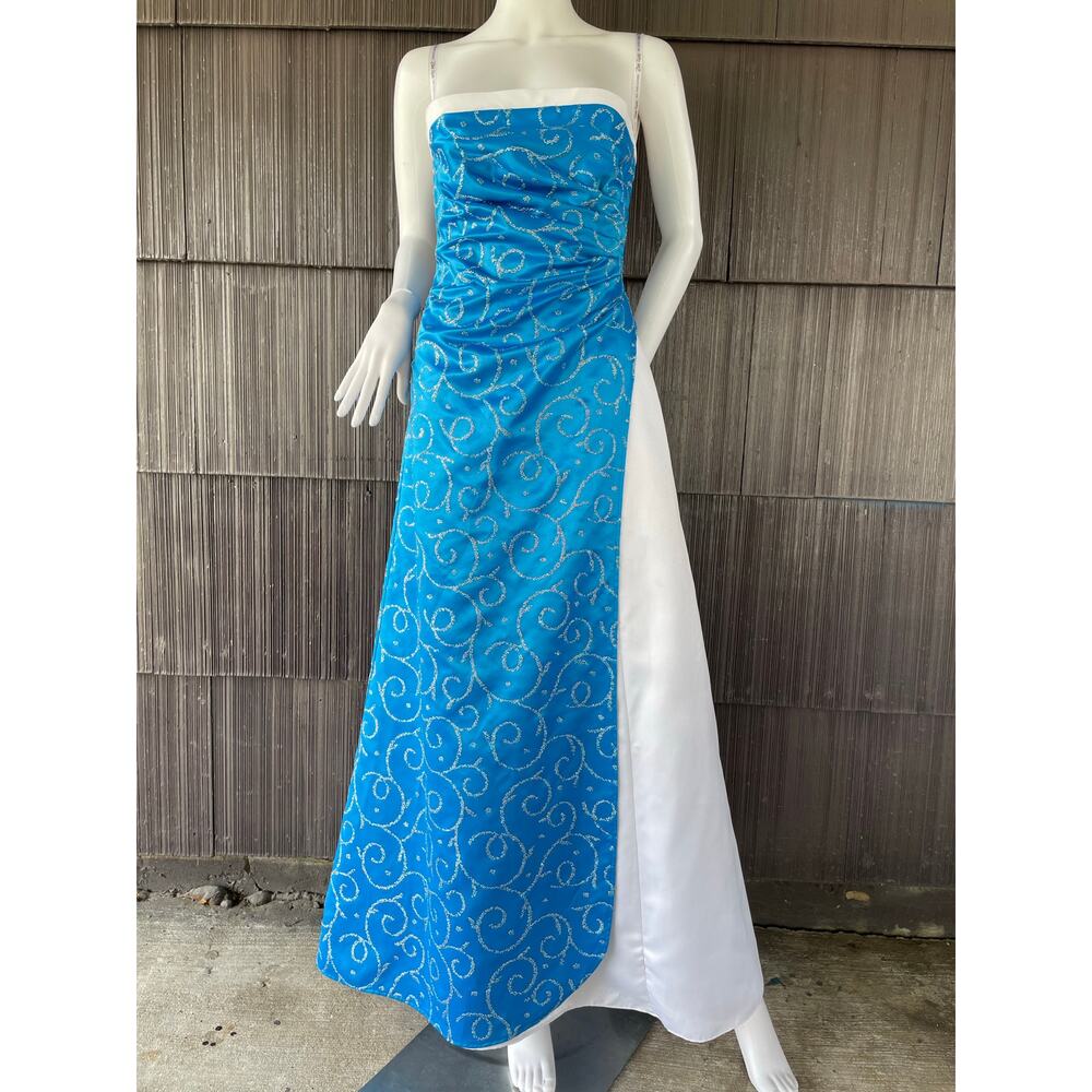 🔥Vintage Y2K Fairycore Zum Zum Strapless Blue White Beads Prom Party Maxi Dress